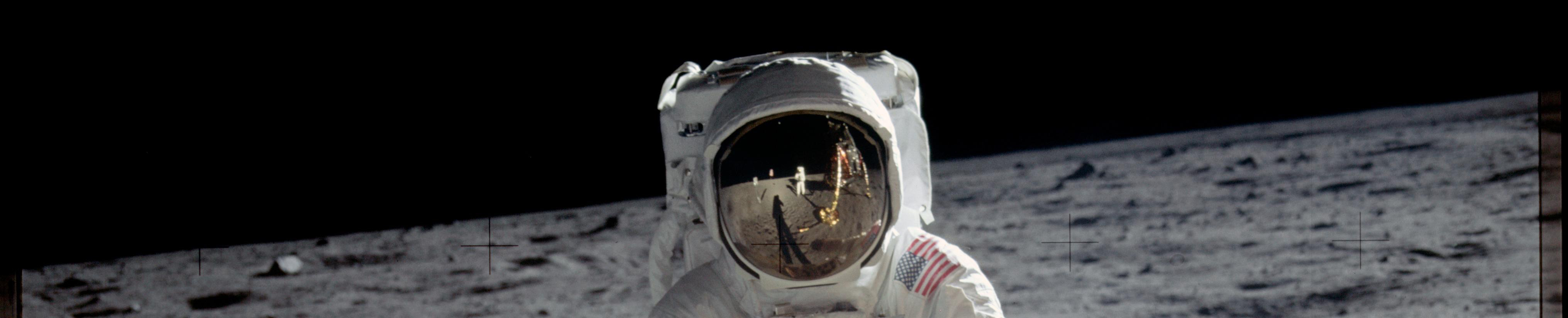 Buzz Aldrin on the Moon, taken by Neil Armstrong who can be seen in the visor reflection