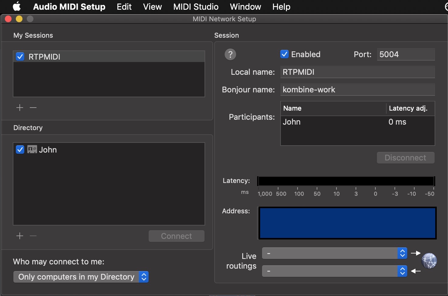 Configure RTPMIDI session